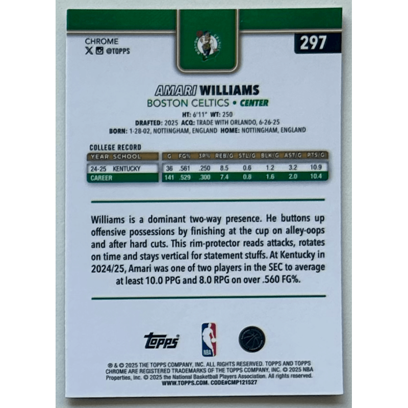 Amari Williams 2025 topps chrome rookie refractor