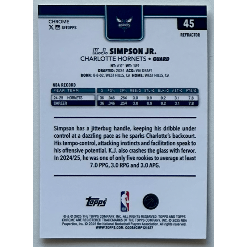 K.J Simpson jr 2025 topps chrome refractor