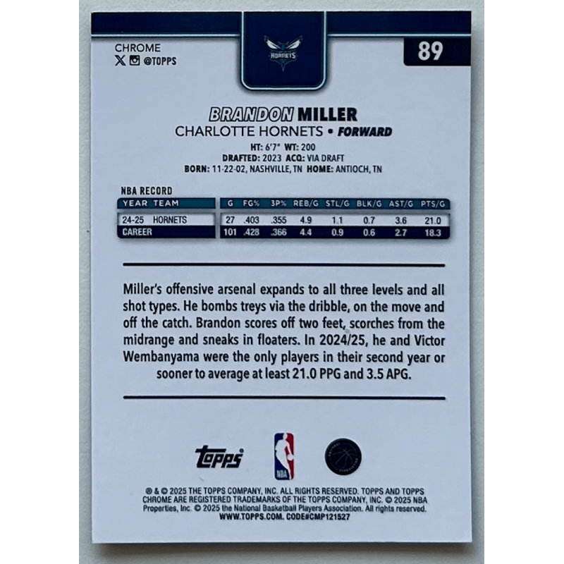 Brandon Miller 2025 topps chrome