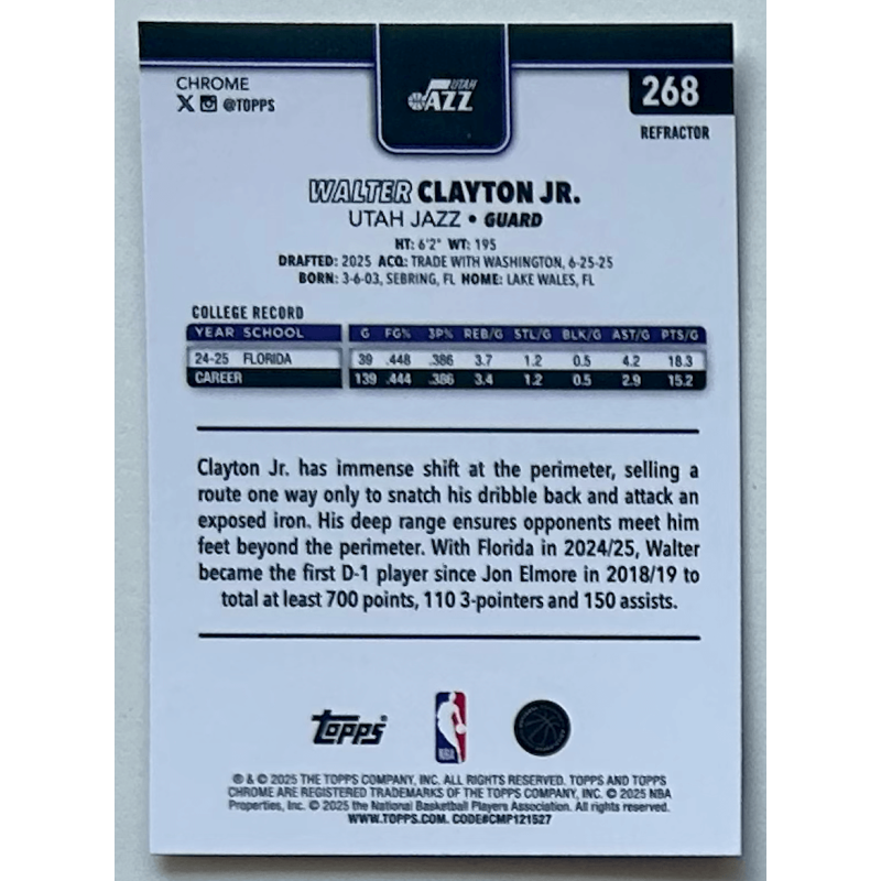 Walter Clayton jr 2025 topps chrome rookie refractor
