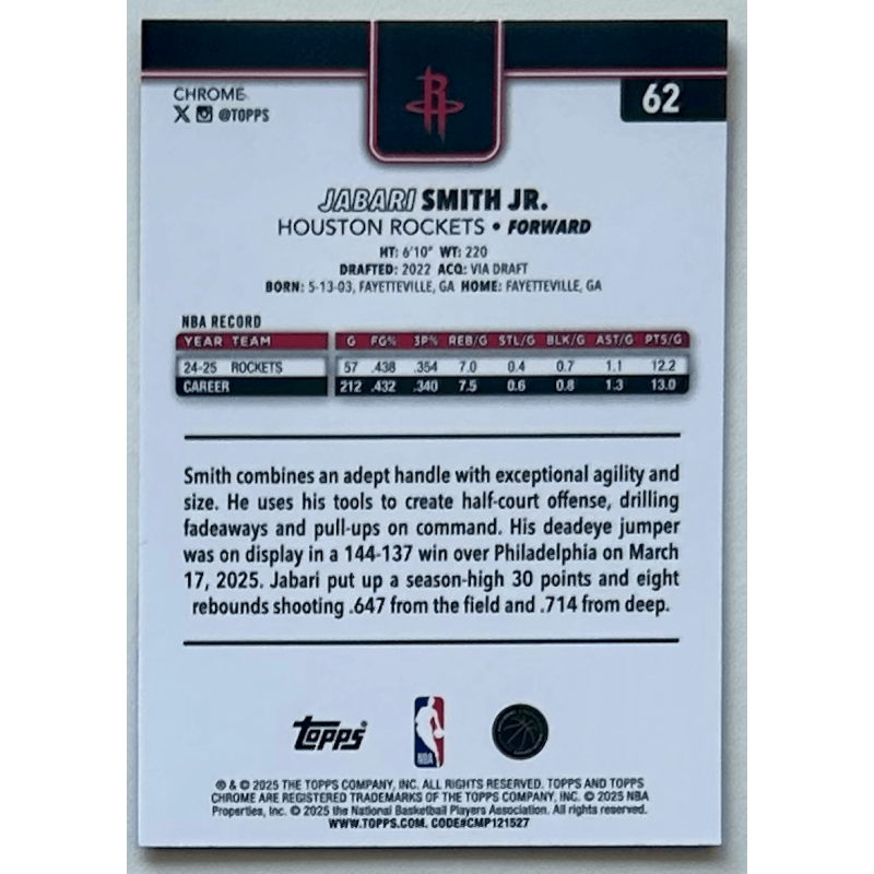 Jabari Smith jr 2025 topps chrome red white blue