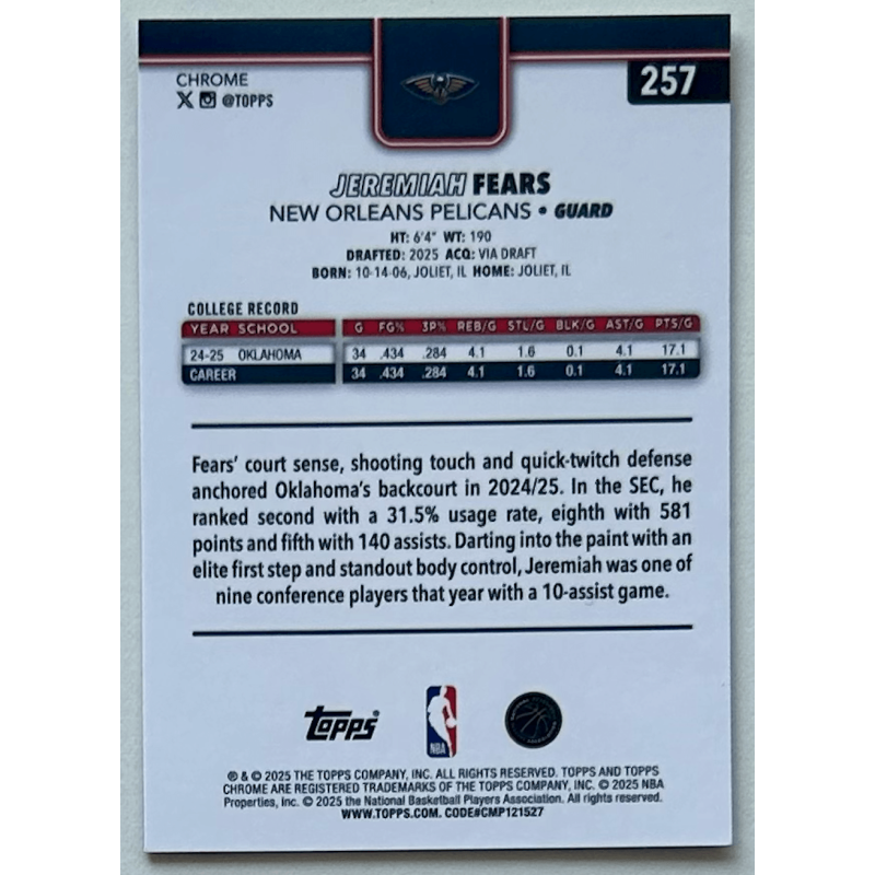 Jeremiah Fears 2025 topps chrome rookie