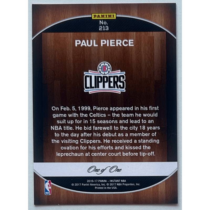 PAUL PIERCE 2016-17 Panini Instant Black Pierce Farewell to the Garden 1/1