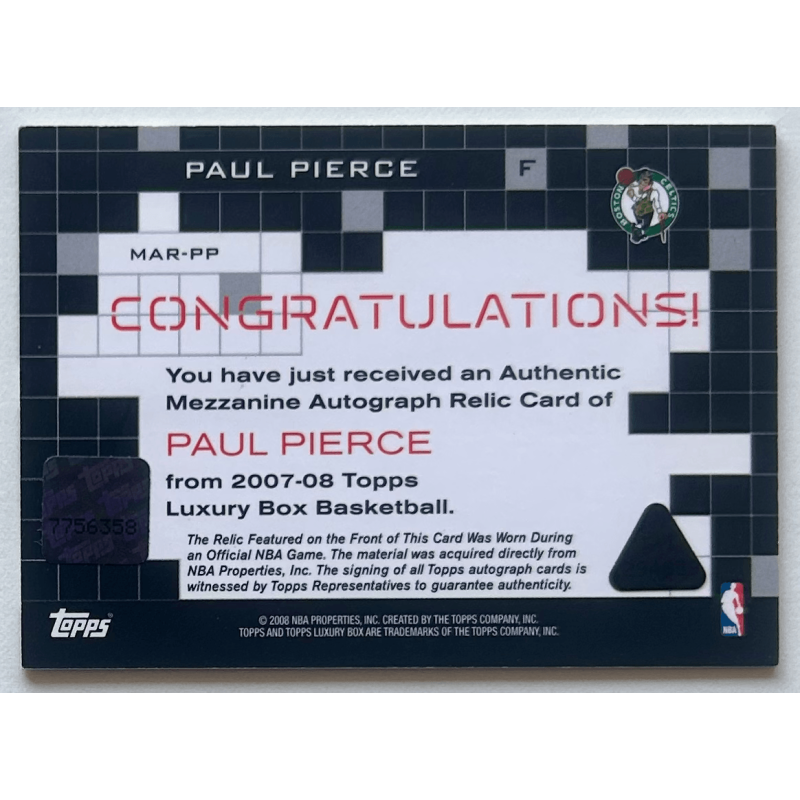 PAUL PIERCE 2007-08 Topps Luxury Box Mezzanine Relics Platinum 1/1