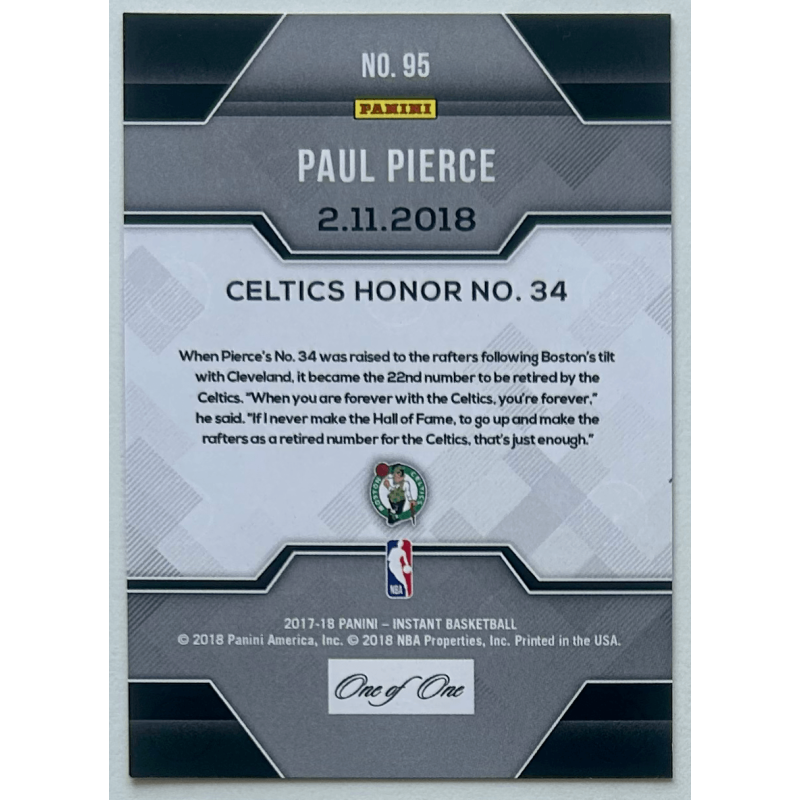 PAUL PIERCE 2017-18 Panini Instant Black Celtics honor no 34 SER 1/1
