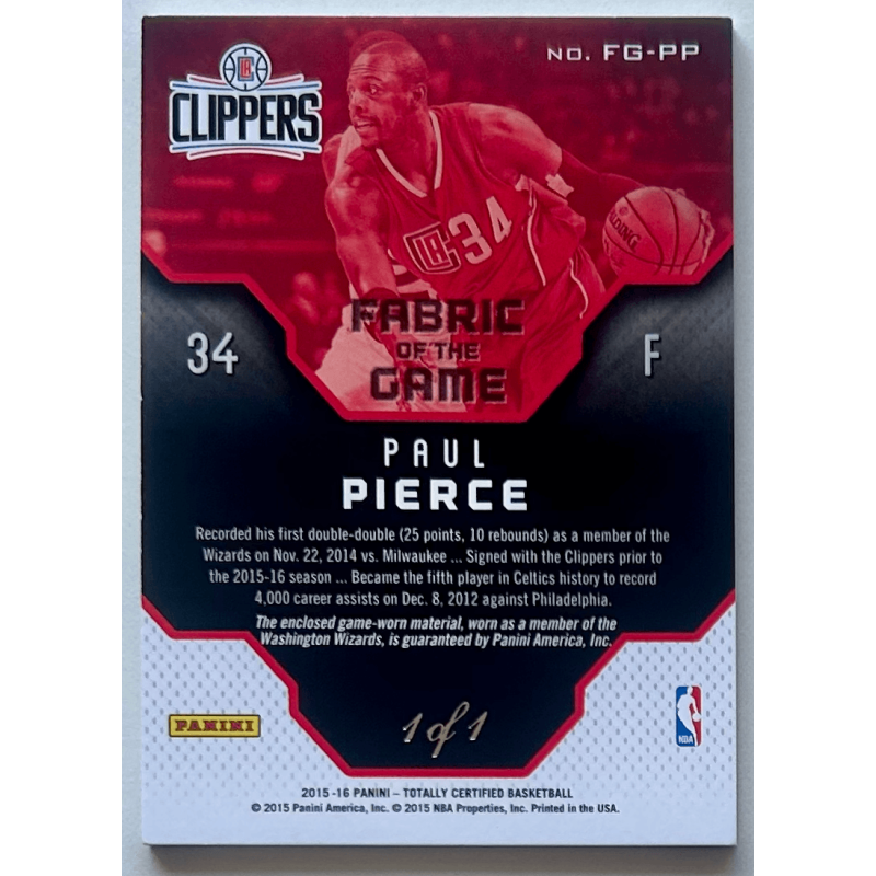 PAUL PIERCE 2015-16 Totally Certified Fabric of the Game Materials Holo Blue 1/1