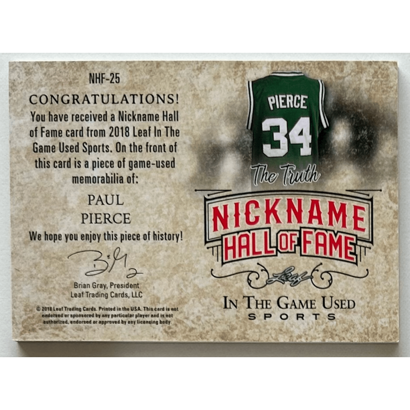 Paul Pierce 2018 Leaf In The Game Used Sports The Nickname Hof Reatic Purple 1/7