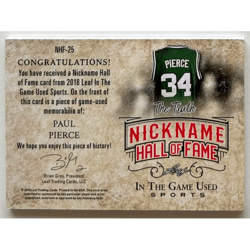 Paul Pierce 2018 Leaf In The Game Used Sports The Nickname Hof Relic Prismatic Red 3/3