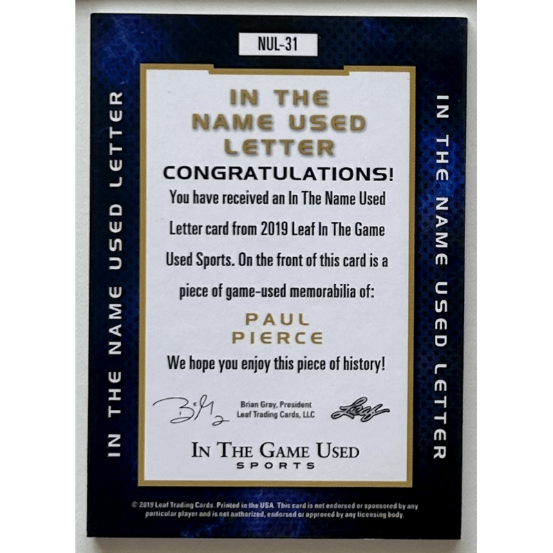 Paul Pierce 2019 Leaf In The Game Used Sports In The Name "PIE" Used Letter Relics 1/6