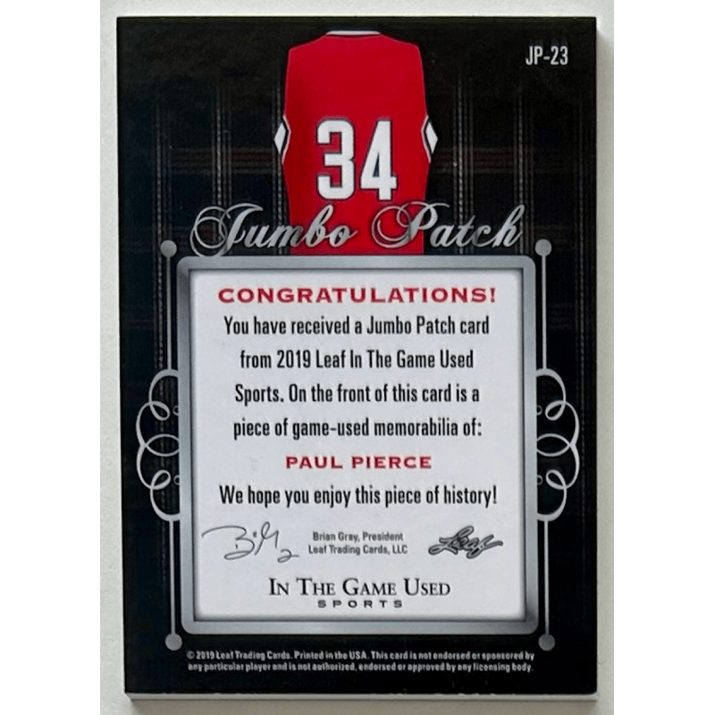 Paul Pierce 2019 Leaf In The Game Used Sports Jumbo Patch Relics Magenta JP-PP 2/3