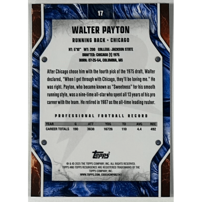 Walter Payton 2025 topps resurgence blue & orange spark refractor