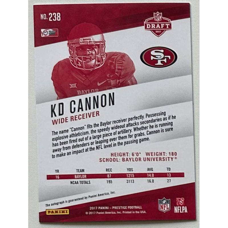 KD CANNON 2017 PRESTIGE XTRA POINTS Gold rookie autograph 38/50