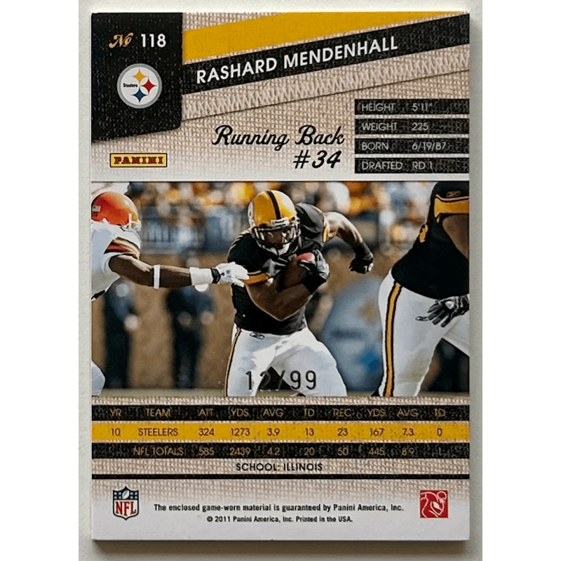 RASHARD MENDENHALL 2011 Panini threads prime patch 12/99