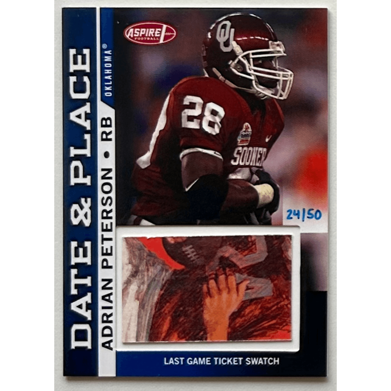 ADRIAN PETERSON 2007 ASPIRE DATE & PLACE LAST GAME TICKET SWATCH 24/50