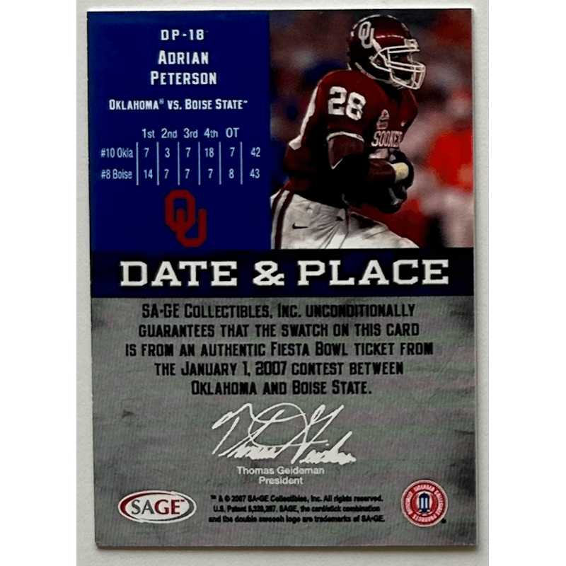 ADRIAN PETERSON 2007 ASPIRE DATE & PLACE LAST GAME TICKET SWATCH 24/50