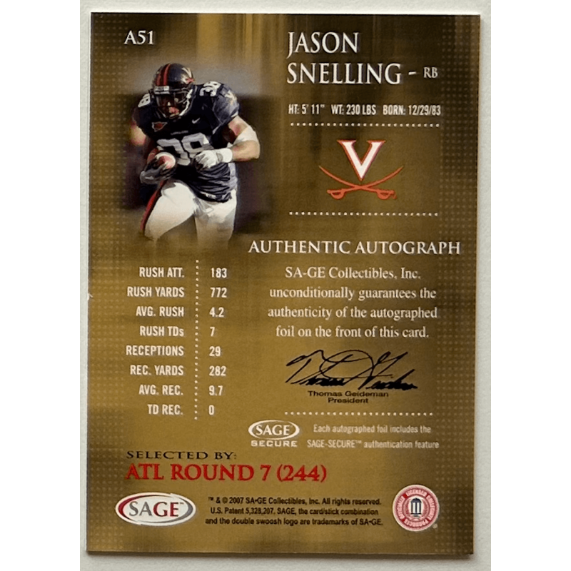 JASON SNELLING 2007 SAGE SILVER LEVEL Autograph 158/400
