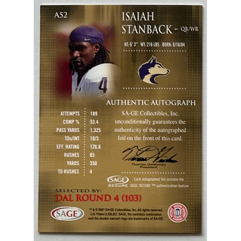 ISAIAH STANBACK 2007 SAGE SILVER LEVEL Autograph 377/400