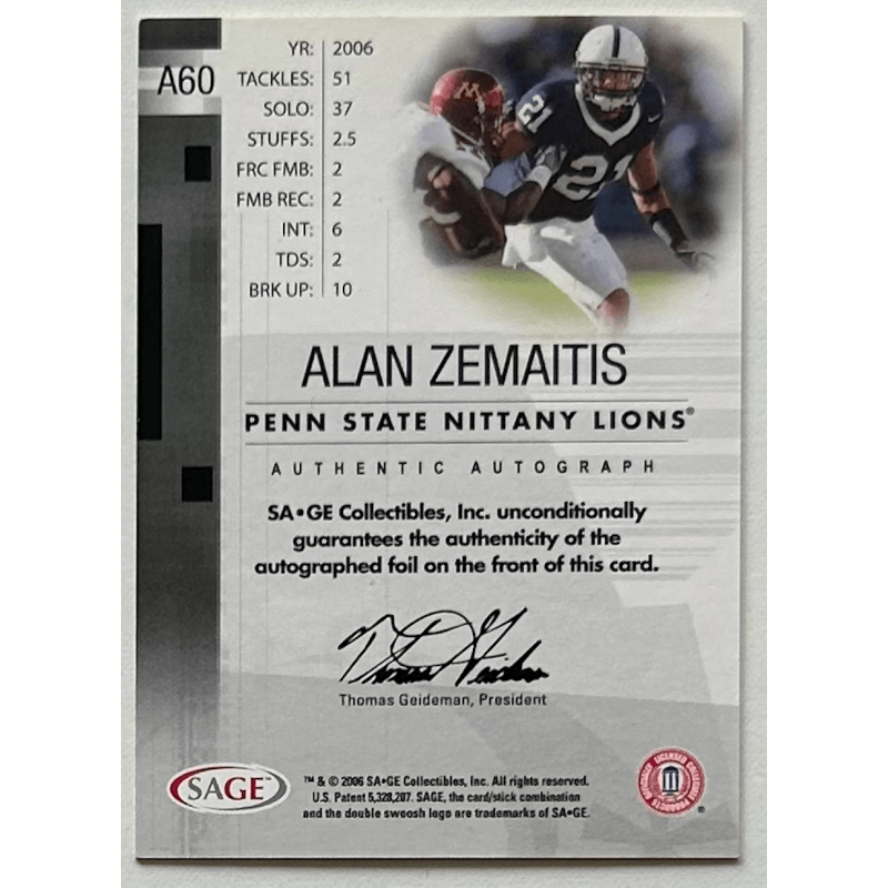 ALAN ZEMAITIS 2006 SAGE BRONZE LEVEL Autograph 061/650