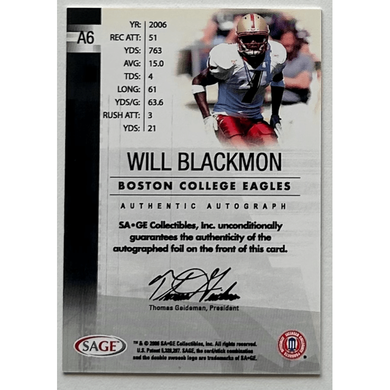 WILL BLACKMON 2006 SAGE RED LEVEL Autograph /200