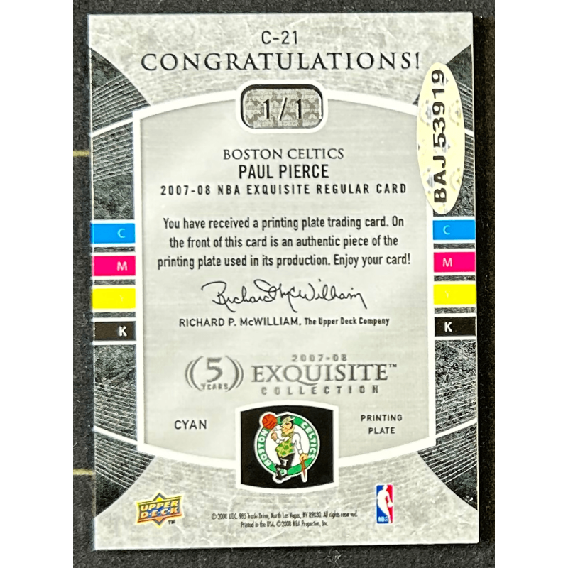 PAUL PIERCE 2007-08 Exquisite masterpiece autograph 1/1 cyan