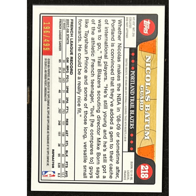 Nicolas Batum 2008-09 Topps Chrome Refractor Orange 196/499