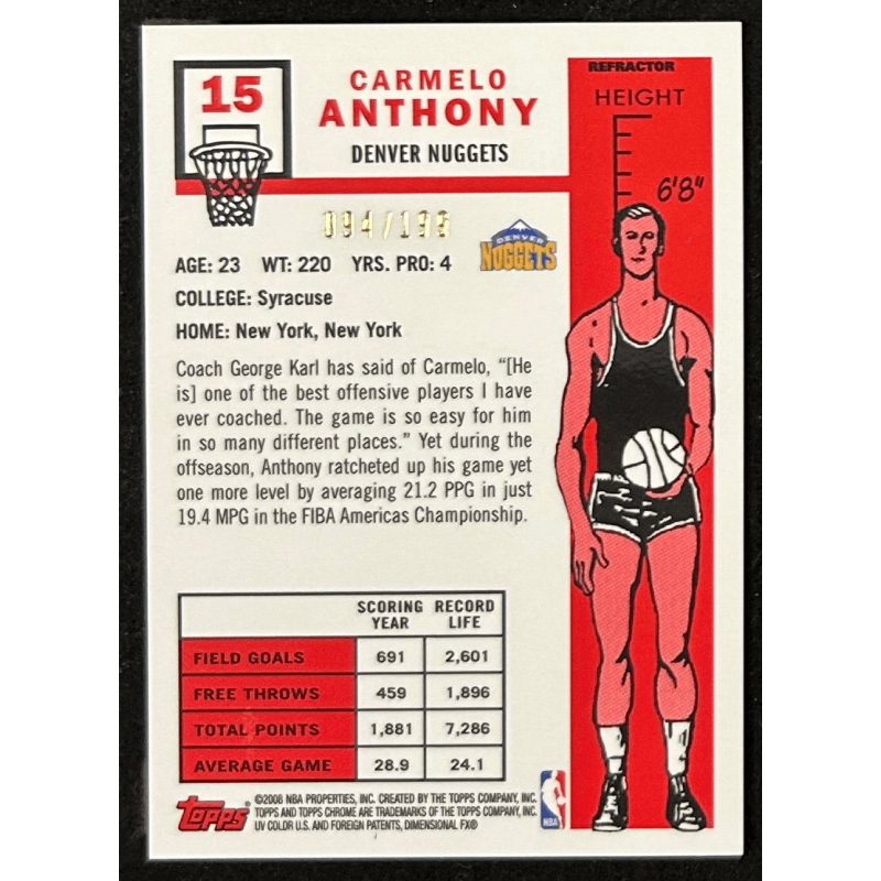 Carmelo Anthony 2007-08 Topps Chrome 1957 Variations Orange Refractor 094/199