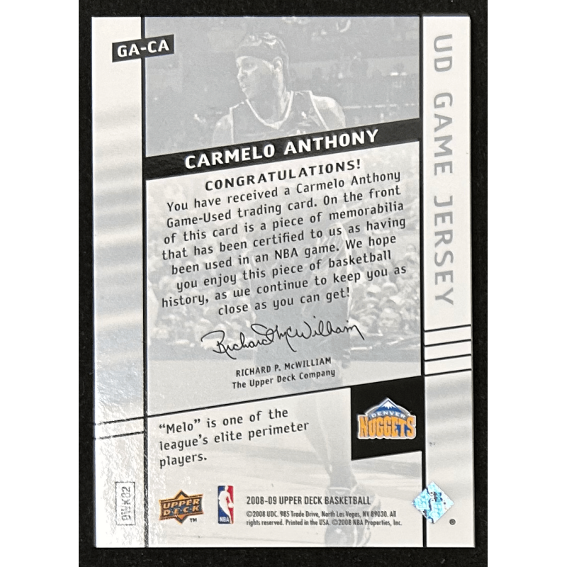 Carmelo Anthony 2008-09 Upper Deck Game Jersey