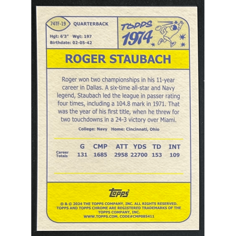 Roger Staubach 2024 Topps chrome 1974 gold refractor 20/50
