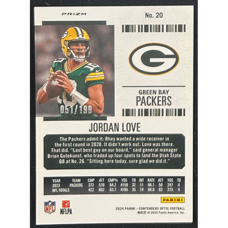 Jordan Love 2024 Panini Contenders optic season ticket red prizm 051/199