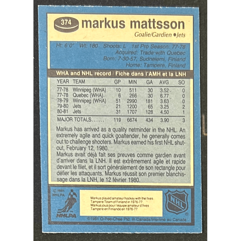 MARKUS MATTSSON 1981-82 O-Pee-Chee 374