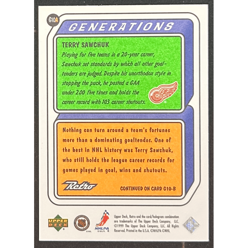 TERRY SAWCHUK 1999-00 Upper Deck Retro Generation G10A