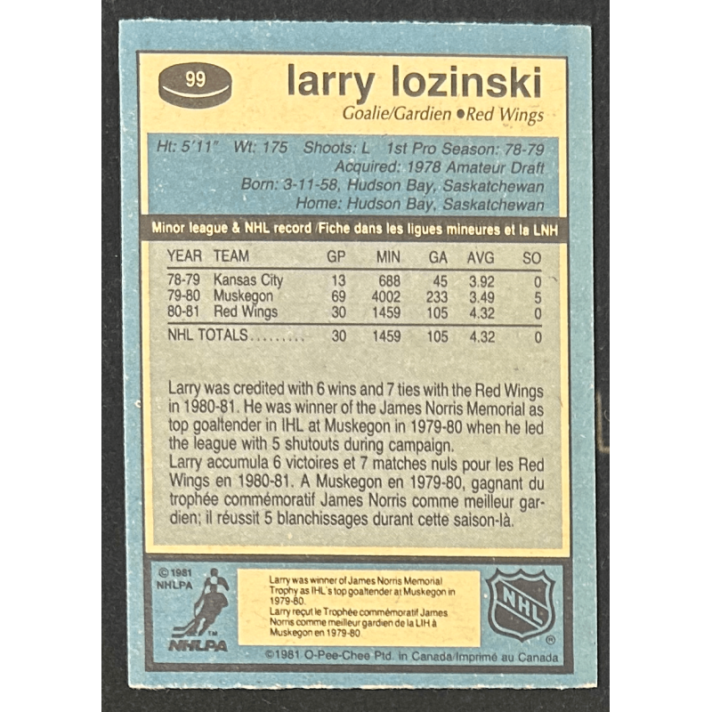 LARRY LOZINSKI 1981-82 O-Pee-Chee rookie 99
