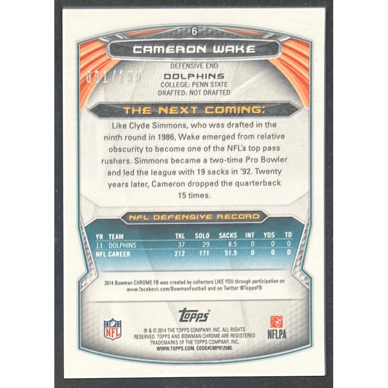 Cameron Wake 2014 bowman chrome refractor blue 001/199