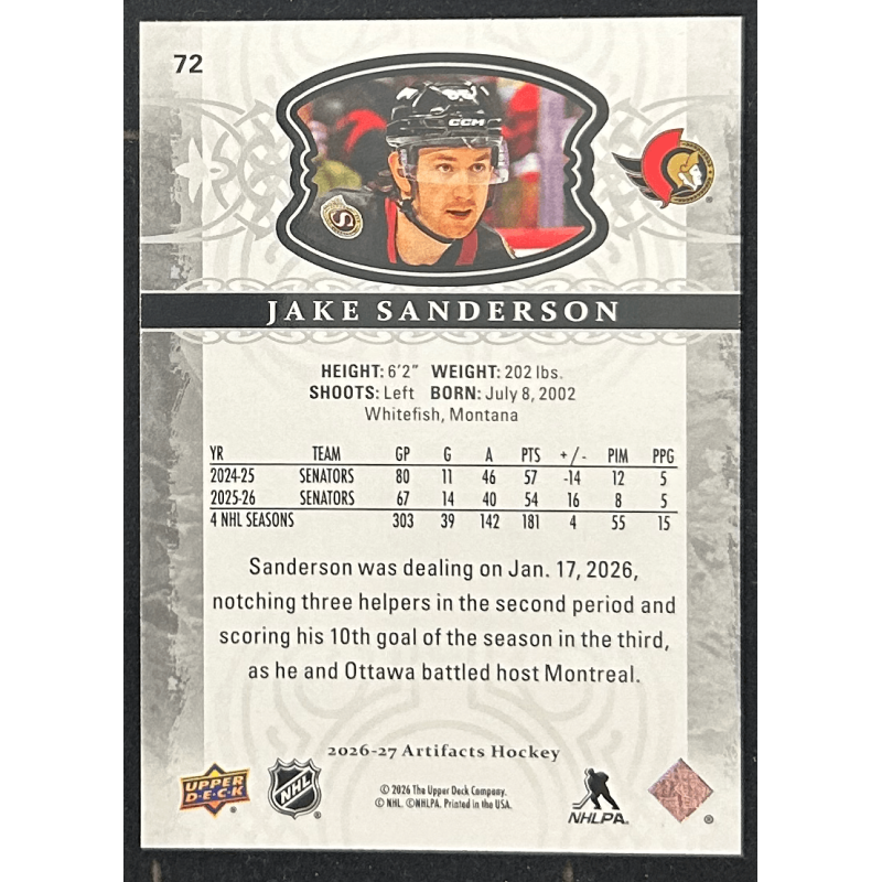 Jake Sanderson 2026-27 Upper deck artifacts - 72