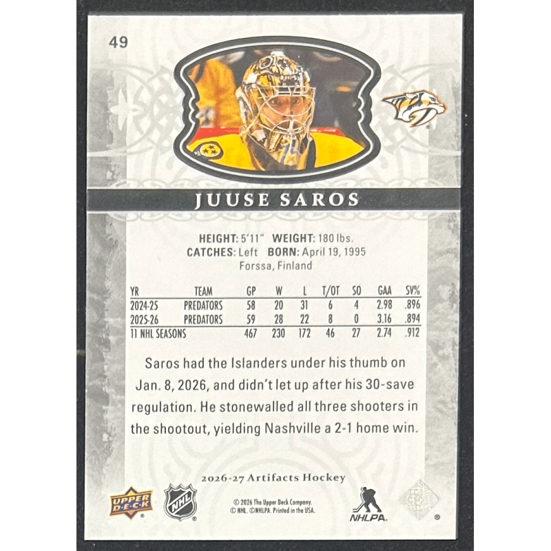 Juuse Saros 2026-27 Upper deck artifacts - 49