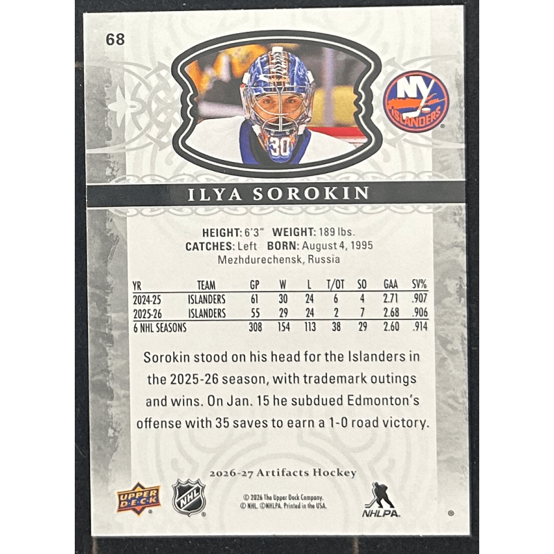 Ilya Sorokin 2026-27 Upper deck artifacts - 68