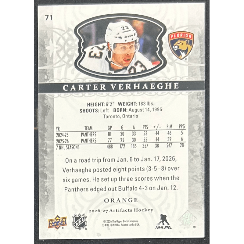 Carter Verhaeghe 2026-27 Upper deck artifacts orange 114/149