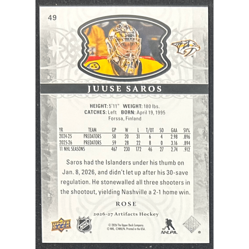 Juuse Saros 2026-27 Upper deck artifacts rose 55/65
