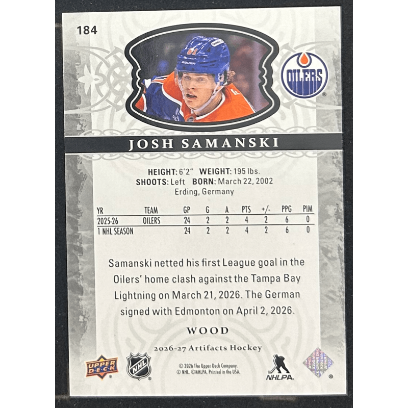 Josh Samanski 2026-27 Upper deck artifacts rookie wood