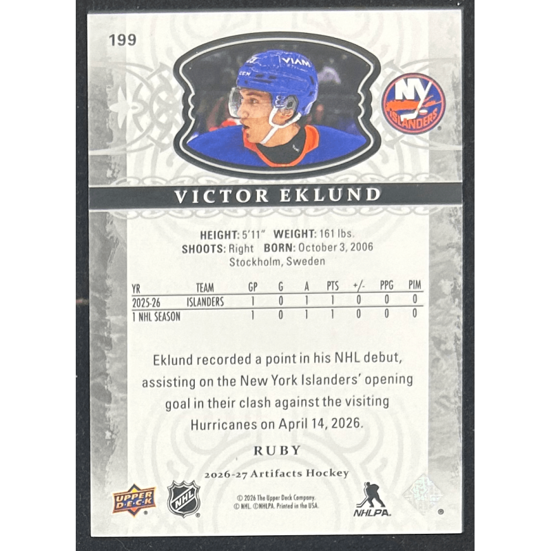 Victor Eklund 2026-27 Upper deck artifacts rookie ruby 012/499