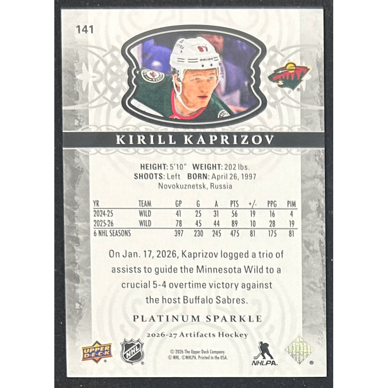 Kirill Kaprizov 2026-27 Upper deck artifacts stars premium sparkle 38/99