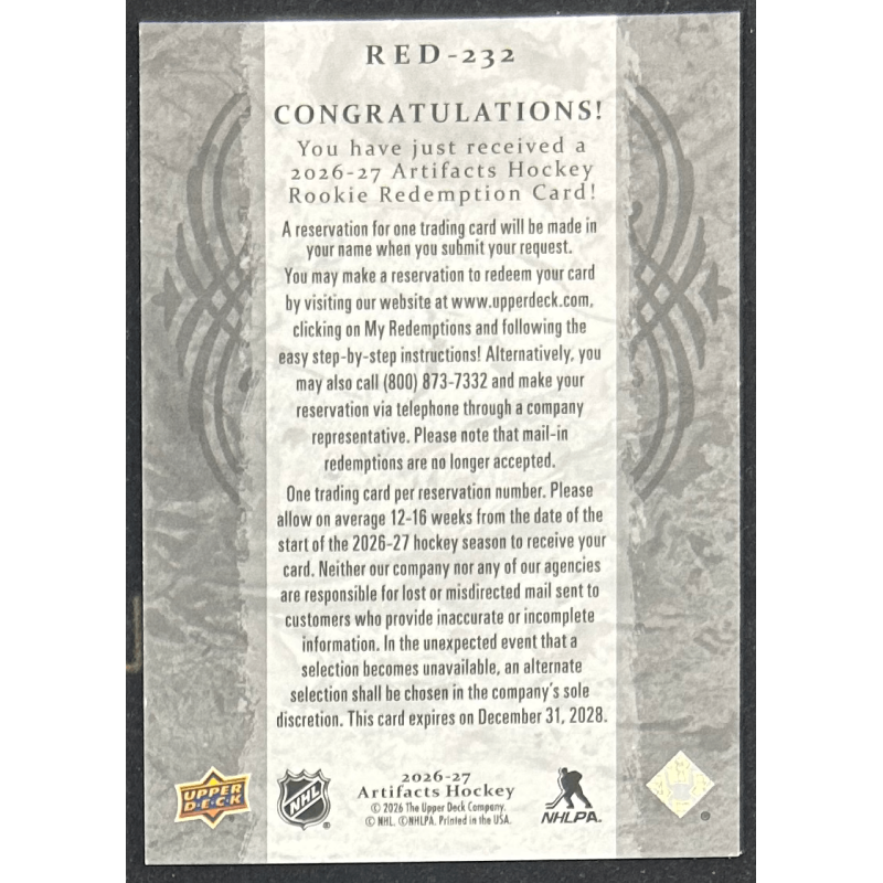 Winnipeg Jets 2026-27 Upper deck artifacts rookie redemption red-232