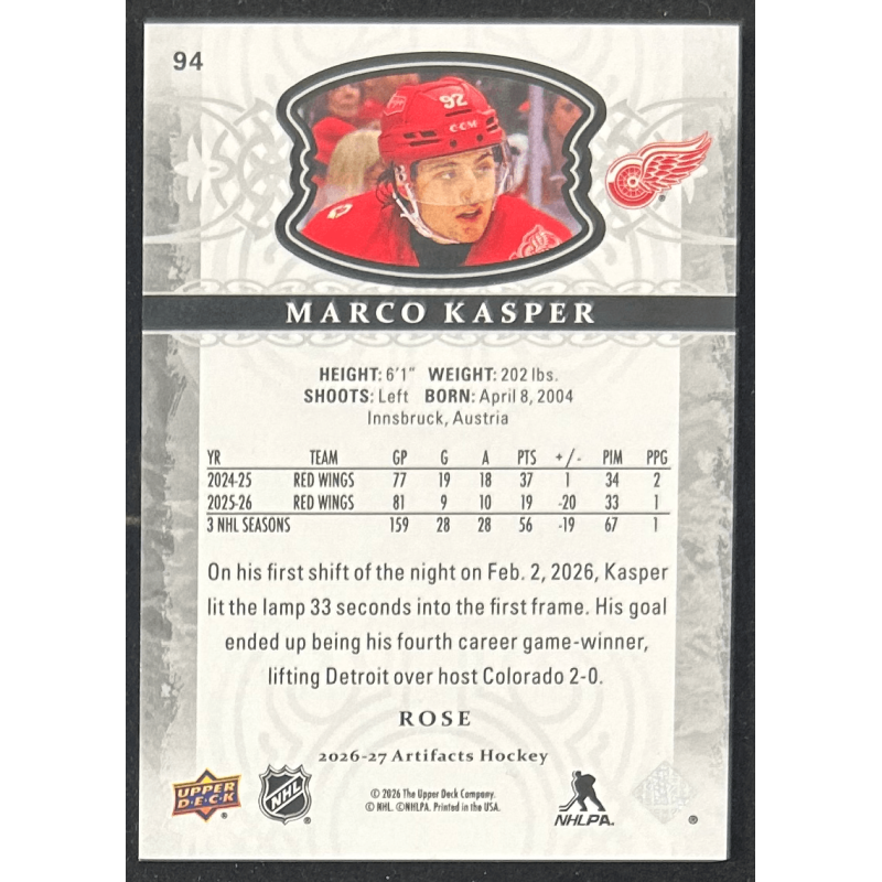 Marco Kasper 2026-27 Upper deck artifacts dual patches rose 3/5