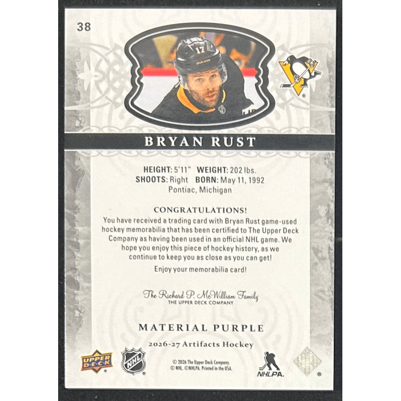 Bryan Rust 2026-27 Upper deck artifacts dual patchs purple 20/25