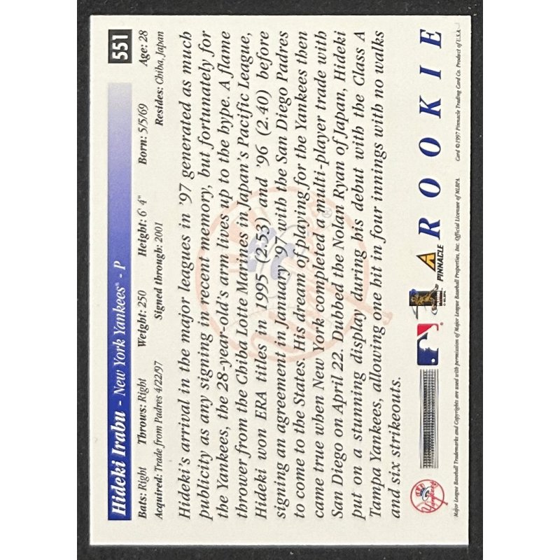 Hideki Irabu 1997 Pinnacle score rookie - 551