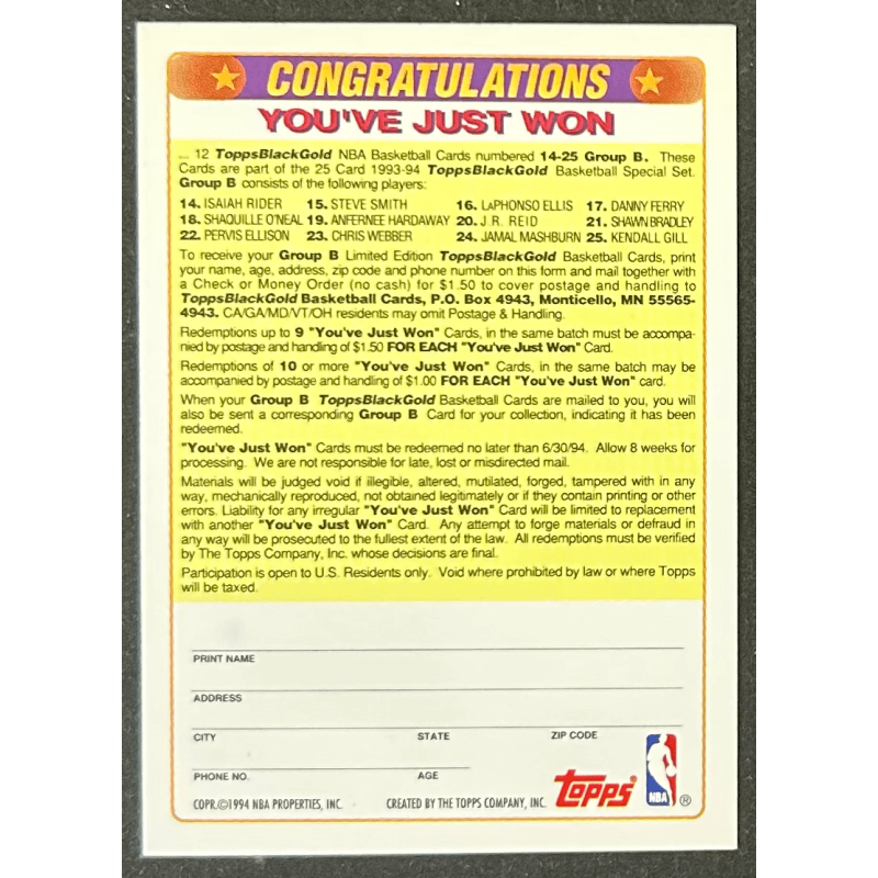 SHAQUILLE O'NEAL 1993-94 Topps Black Gold Winner EXCH