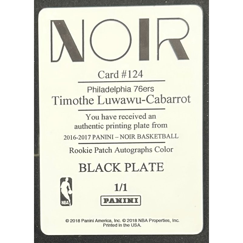 Timothe Luwawu-Cabarrot 2016-17 Panini black printing plate black 1/1