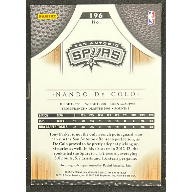 Nando De Colo 2012-13 Immaculate Collection rookie auto 42/99