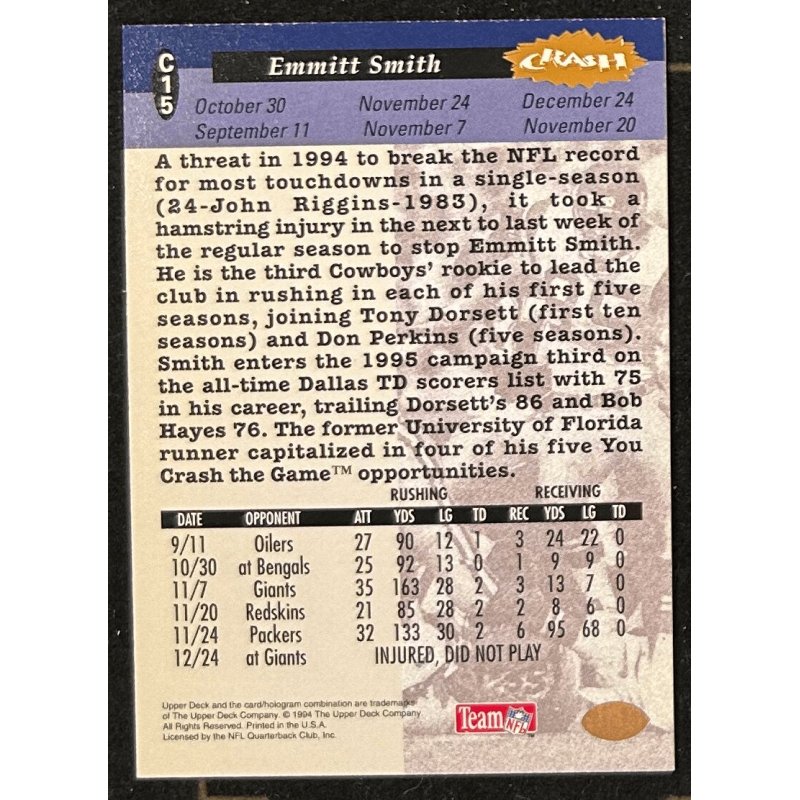 Emmitt Smith 1994 Collector's Choice Crash the Game Bronze Redemption C15