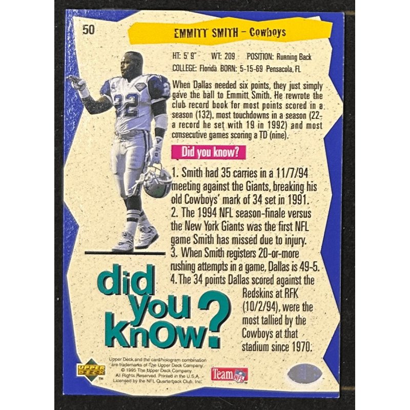 Emmitt Smith 1995 Collector's Choice Player's Club 50 DYK